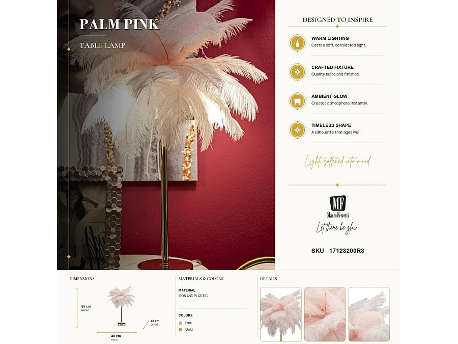 Lampe à Poser Imitation Plume "Palm" 60cm Or & Rose