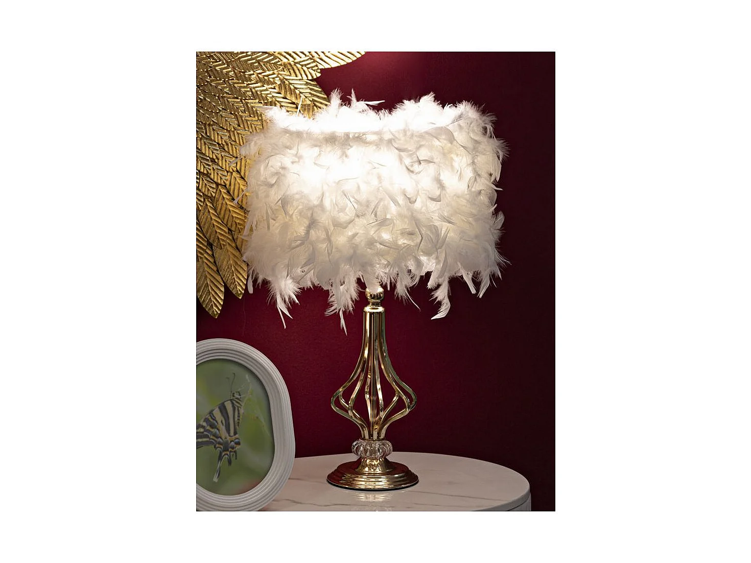 Lampe à Poser Imitation Plume "Tarty" 54cm Or & Blanc