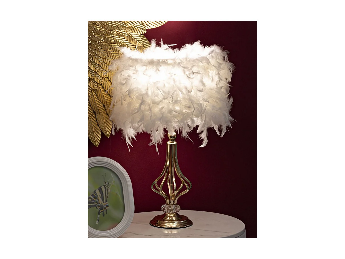 Lampe à Poser Imitation Plume "Tarty" 54cm Or & Blanc