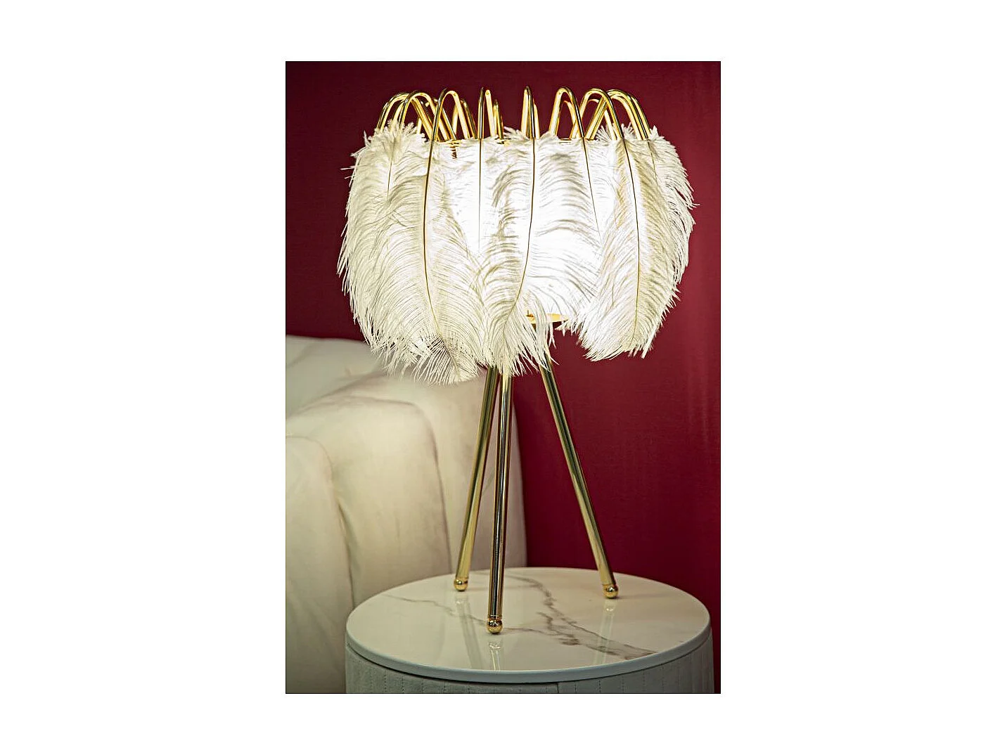 Lampe à Poser Imitation Plume "Stand" 60cm Or & Blanc