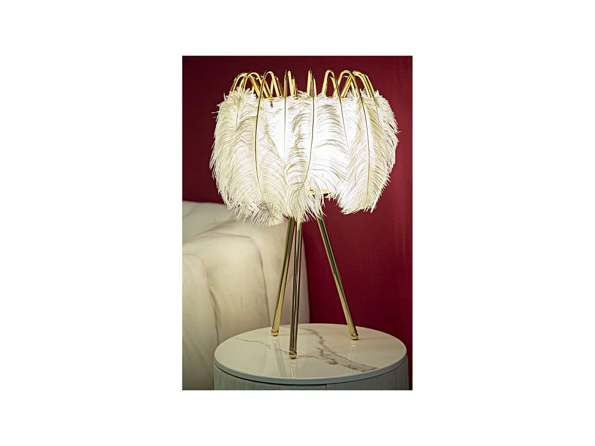 Lampe à Poser Imitation Plume "Stand" 60cm Or & Blanc