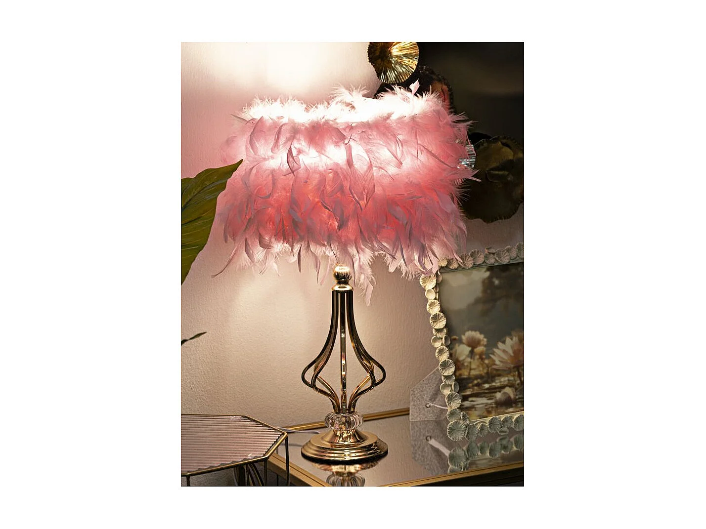 Lampe à Poser Imitation Plume "Tarty" 54cm Or & Rose