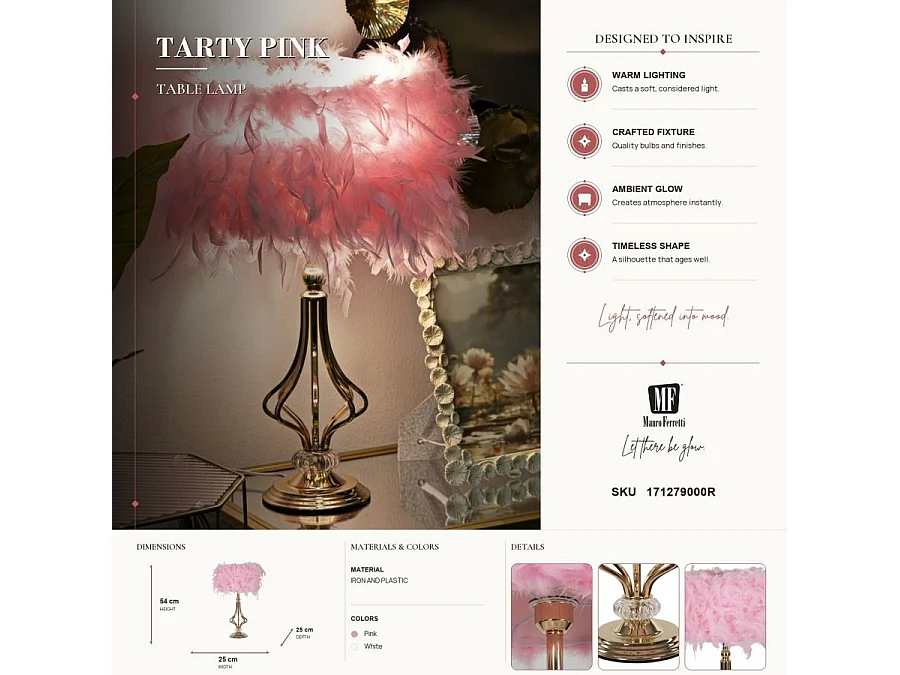 Lampe à Poser Imitation Plume "Tarty" 54cm Or & Rose