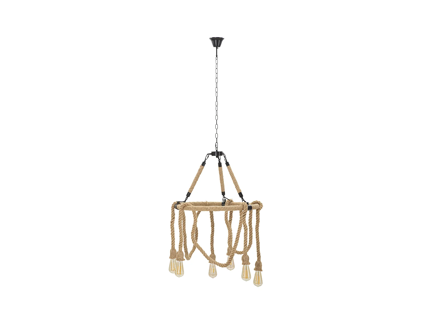 Suspension Boho Chic Rope Circle Ø 64x90 cm – Lampe de plafond en métal et corde avec 6 points lumineux
