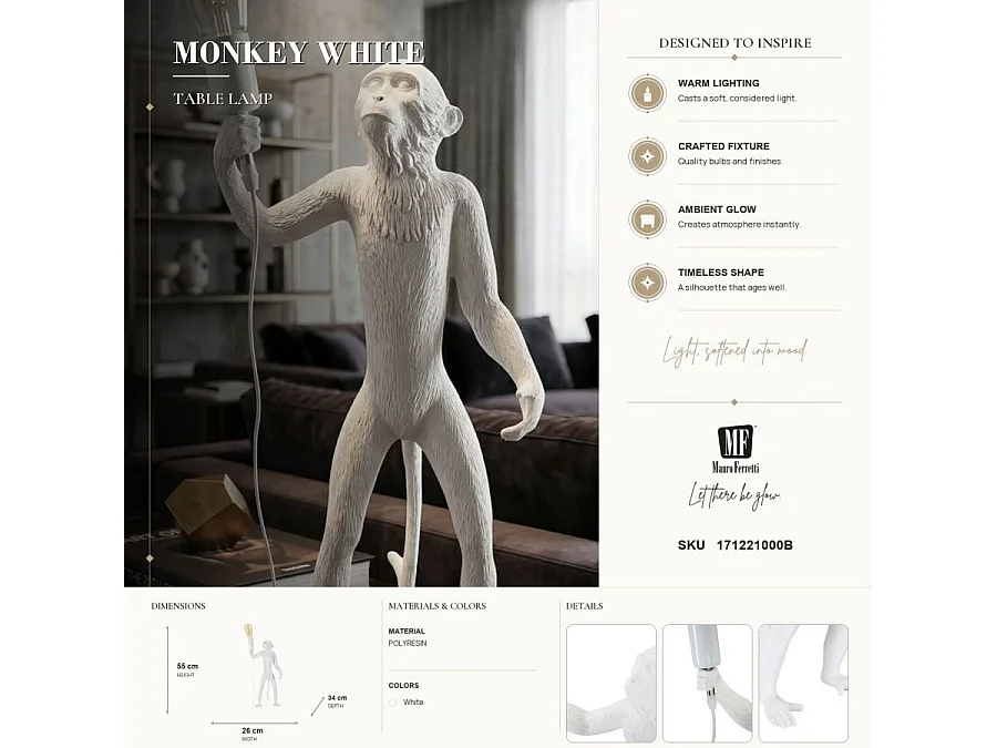 Lampe à Poser en Résine "Singe" 55cm Blanc