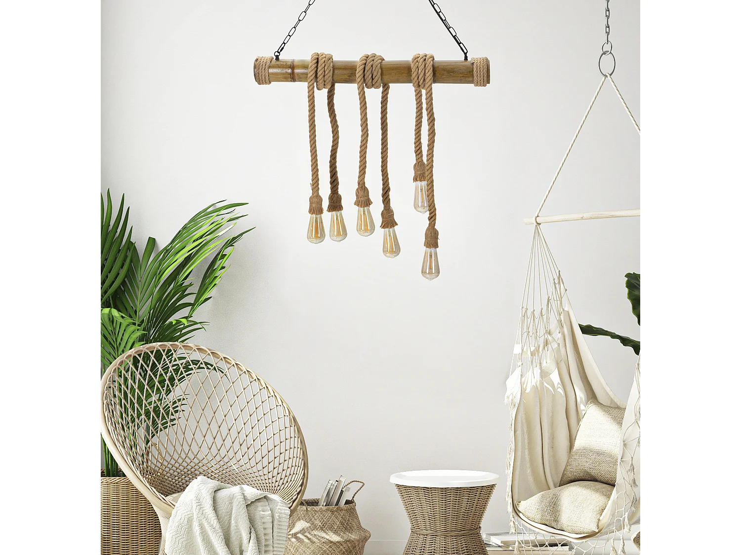 Lampadario in bambù e corda cm  80x15x120