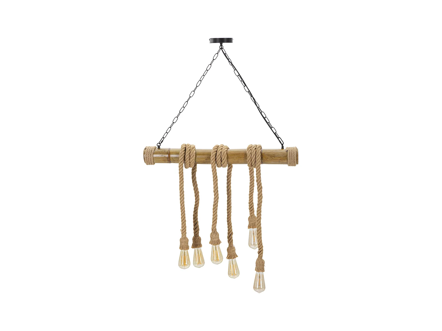 Suspension Boho Chic Bamboo/Rope 80x15x120 cm – Lampe de plafond en métal, bambou et corde avec 6 points lumineux