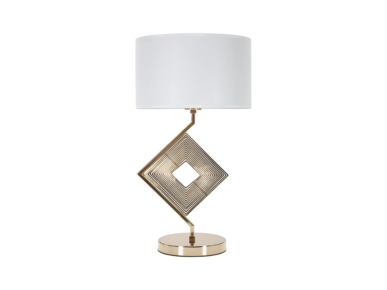 LAMPE DE TABLE OR ET BLANC - Design géométrique en métal et tissu, abat-jour en tissu blanc incrusté d'or - 30cm de diamètre, 56cm de haut