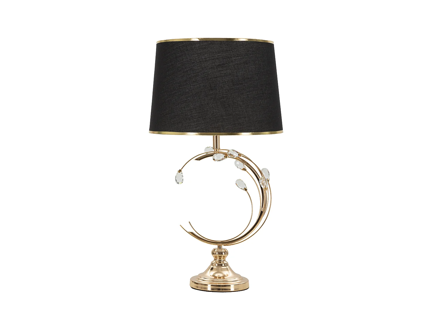 Lampe à poser en métal doré Bruxelles - diamètre 36x65 cm, décor floral géométrique, abat-jour en tissu noir avec bordures dorées