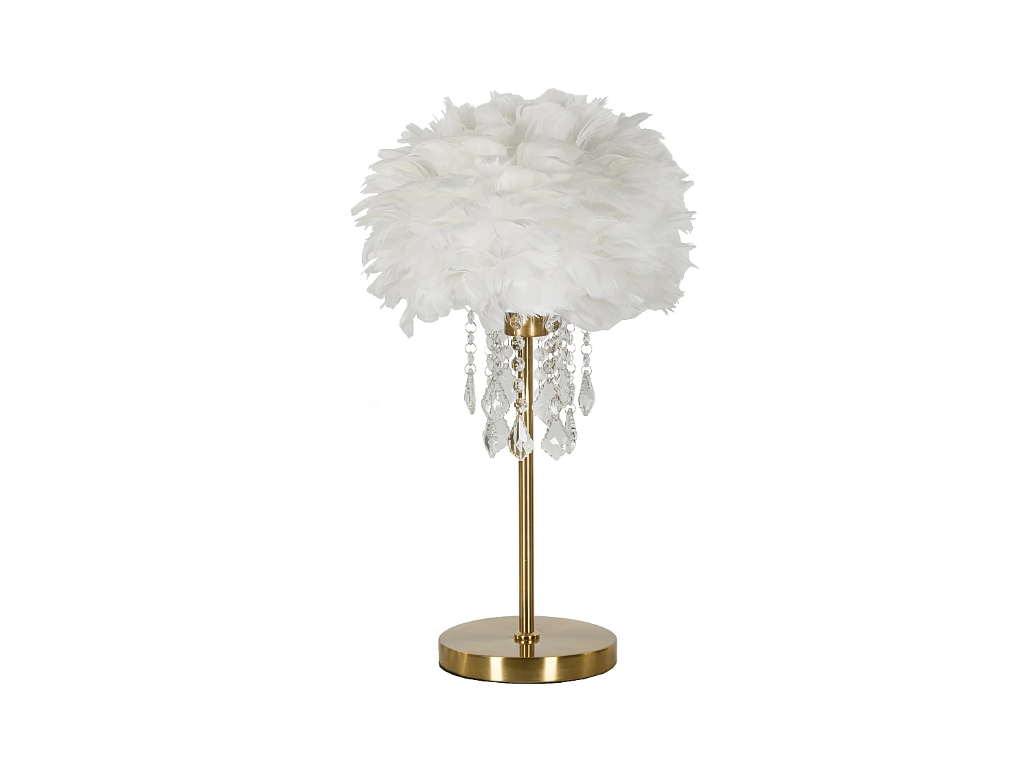 Lampe à poser en forme de diamant blanc et or - Design linéaire en métal et plastique - Abat-jour en plumes et cristal - Dimensions 30 x 55cm