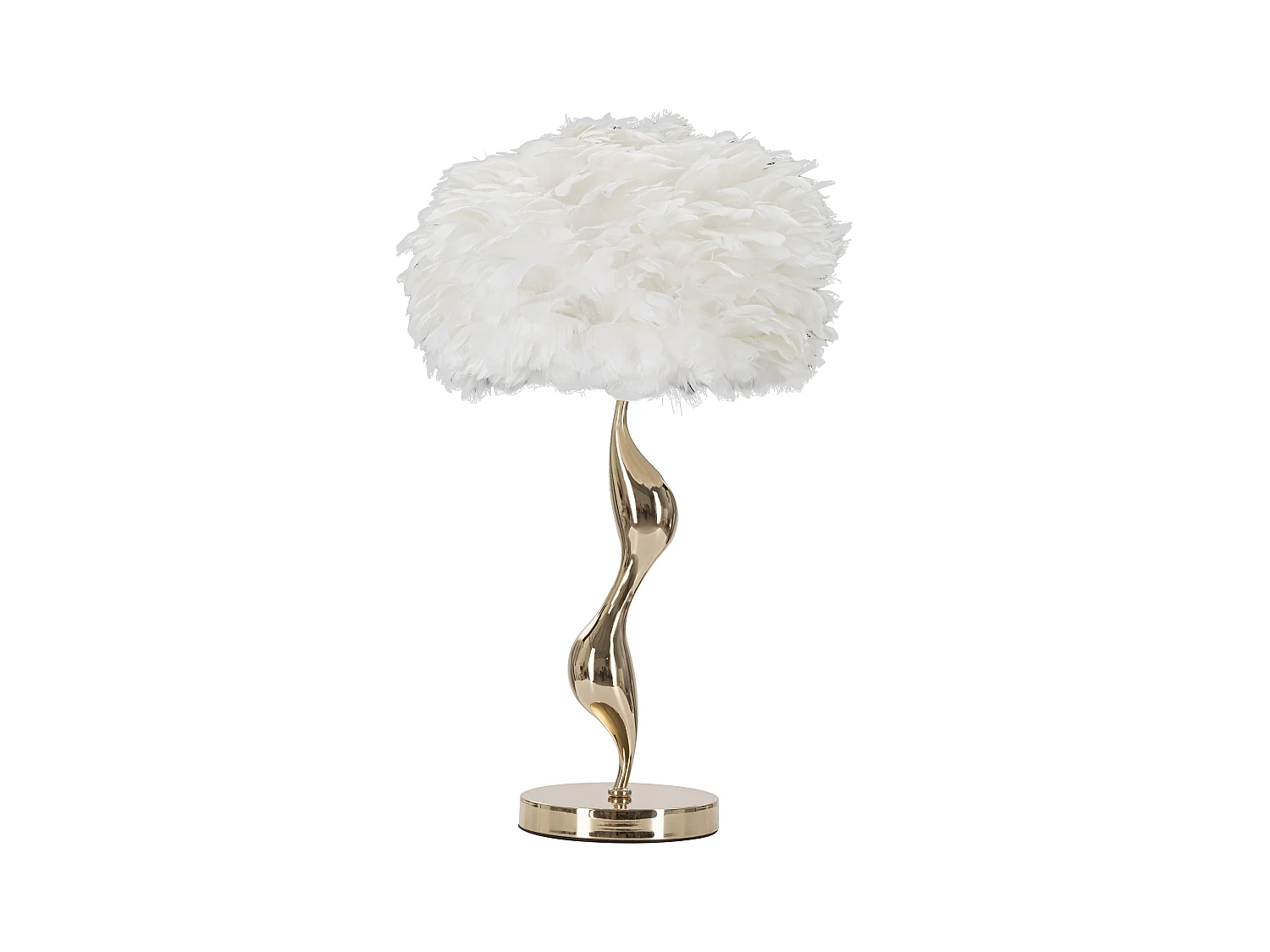 Lampe à poser blanche et dorée - Élégant design en métal et tissu avec abat-jour en plumes - 40 cm de diamètre, 63 cm de hauteur