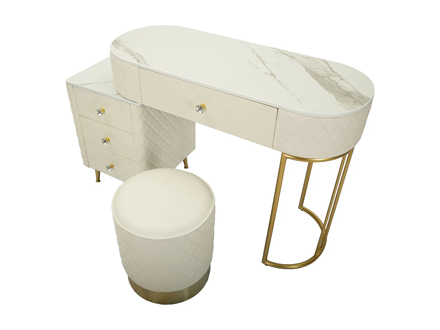 Coiffeuse Avec Pouf Effet Marbre "Sharon" 120 Blanc & Or