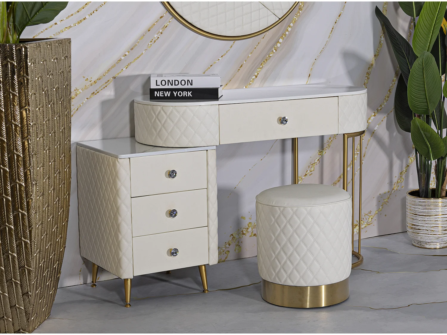 Coiffeuse Avec Pouf Effet Marbre "Sharon" 120 Blanc & Or