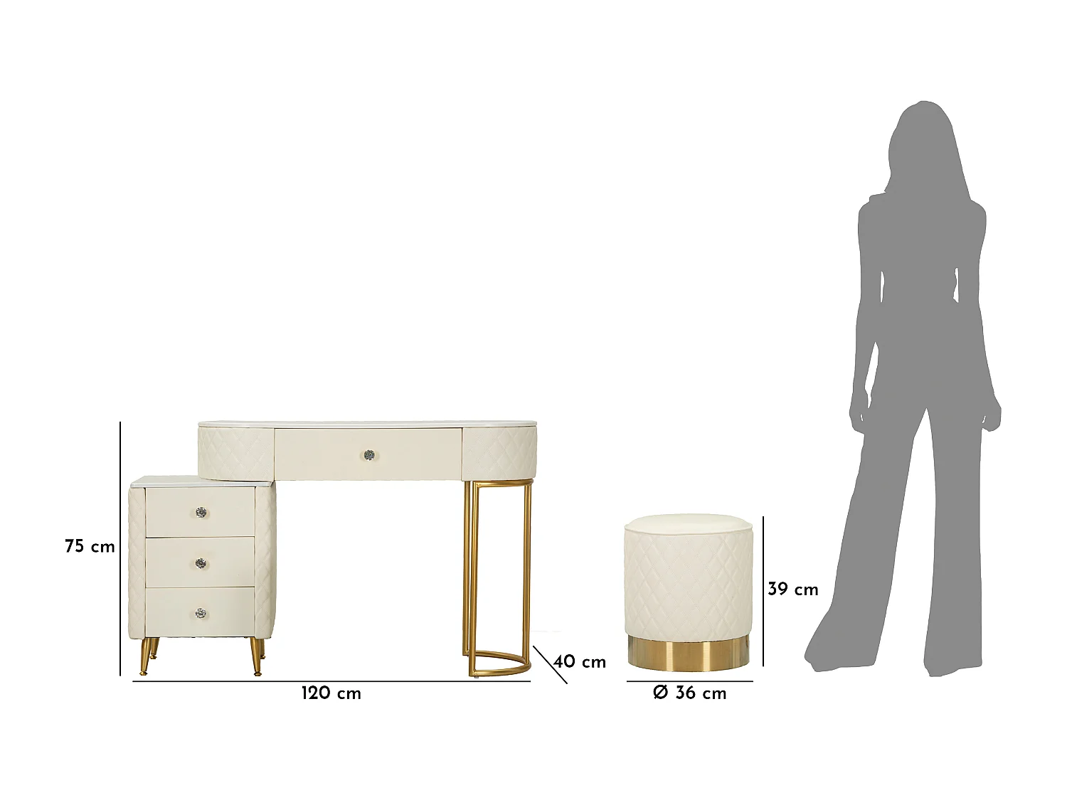 Coiffeuse Avec Pouf Effet Marbre "Sharon" 120 Blanc & Or