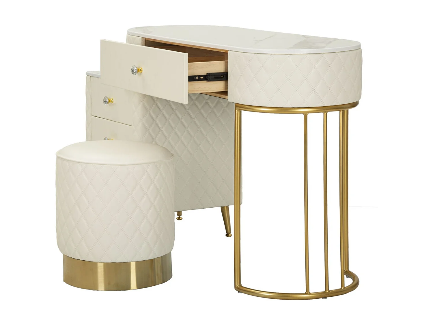 Coiffeuse Avec Pouf Effet Marbre "Sharon" 120 Blanc & Or