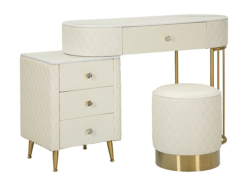 Coiffeuse Avec Pouf Effet Marbre "Sharon" 120 Blanc & Or