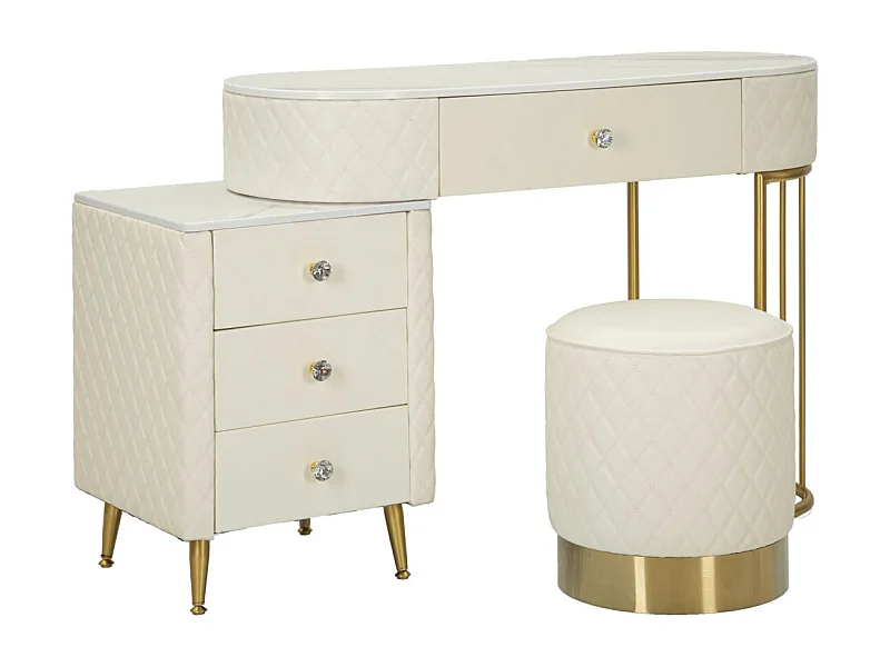 Coiffeuse Avec Pouf Effet Marbre "Sharon" 120 Blanc & Or