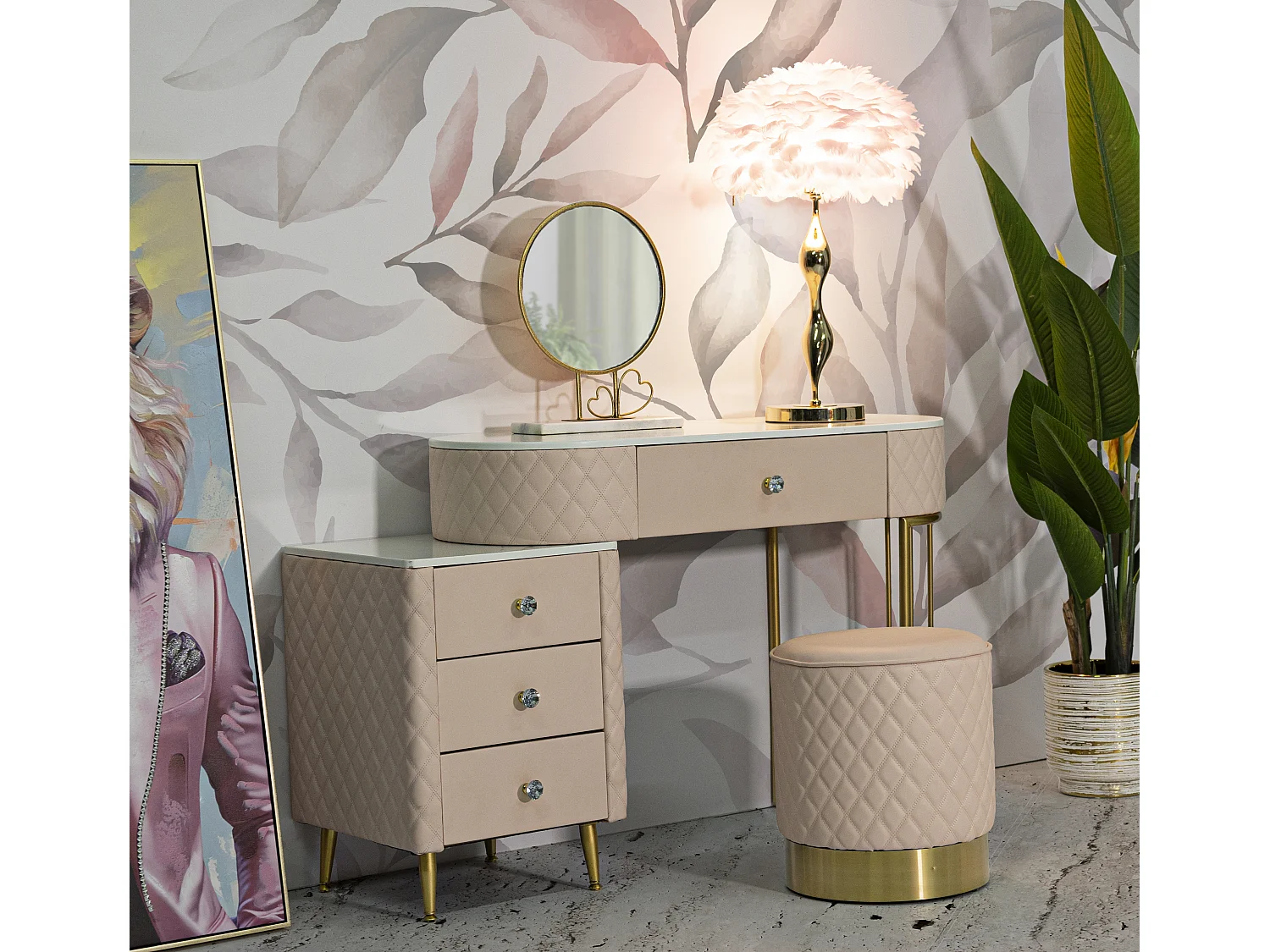 Coiffeuse Avec Pouf Effet Marbre "Sharon" 120 Rose & Or