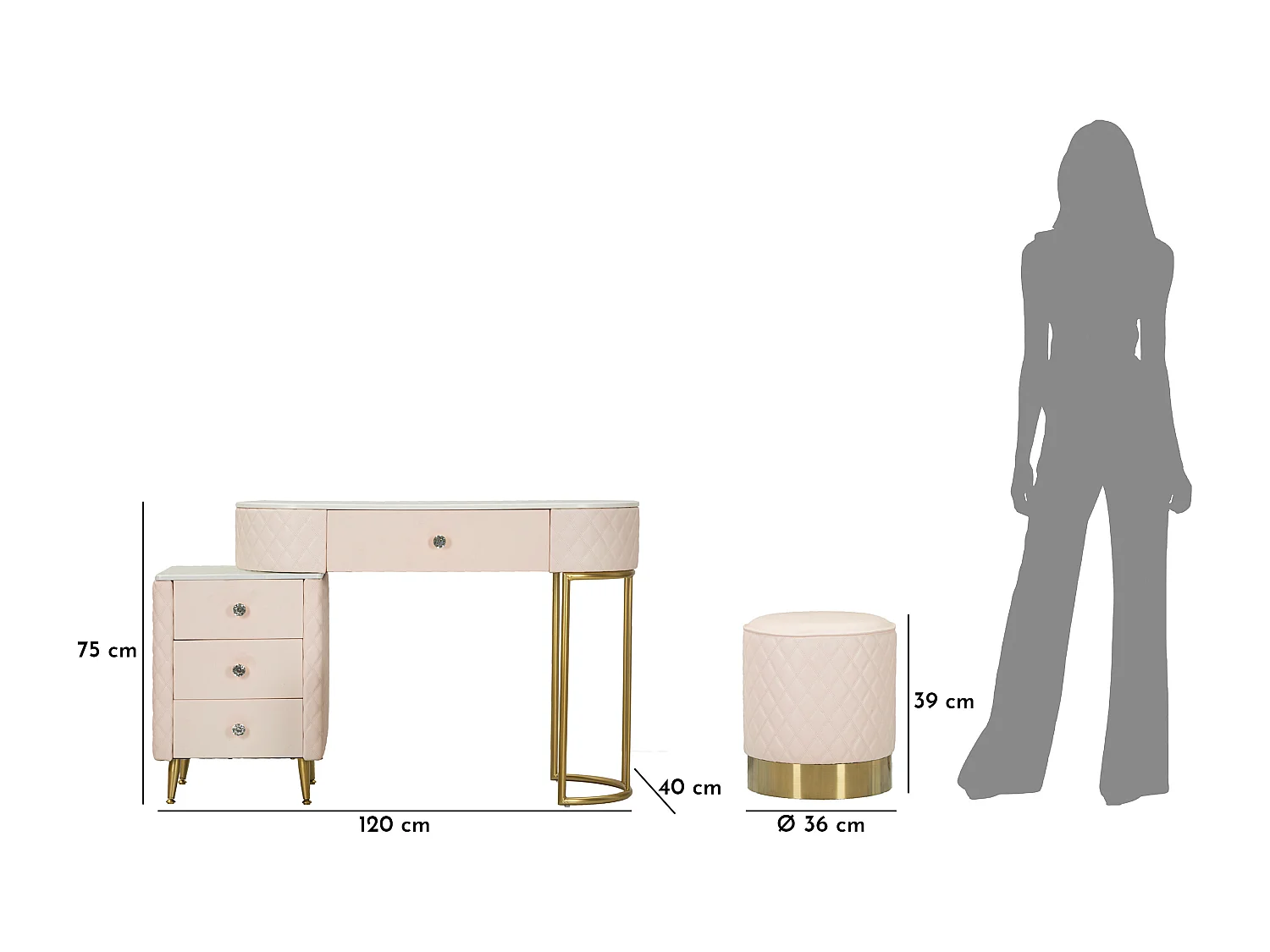 Coiffeuse Avec Pouf Effet Marbre "Sharon" 120 Rose & Or