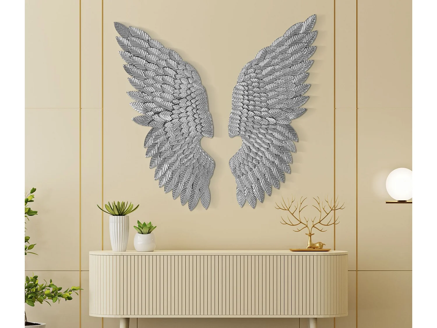 Pannello decorativo 3D in metallo argentato con ali cm 37,5x3x100