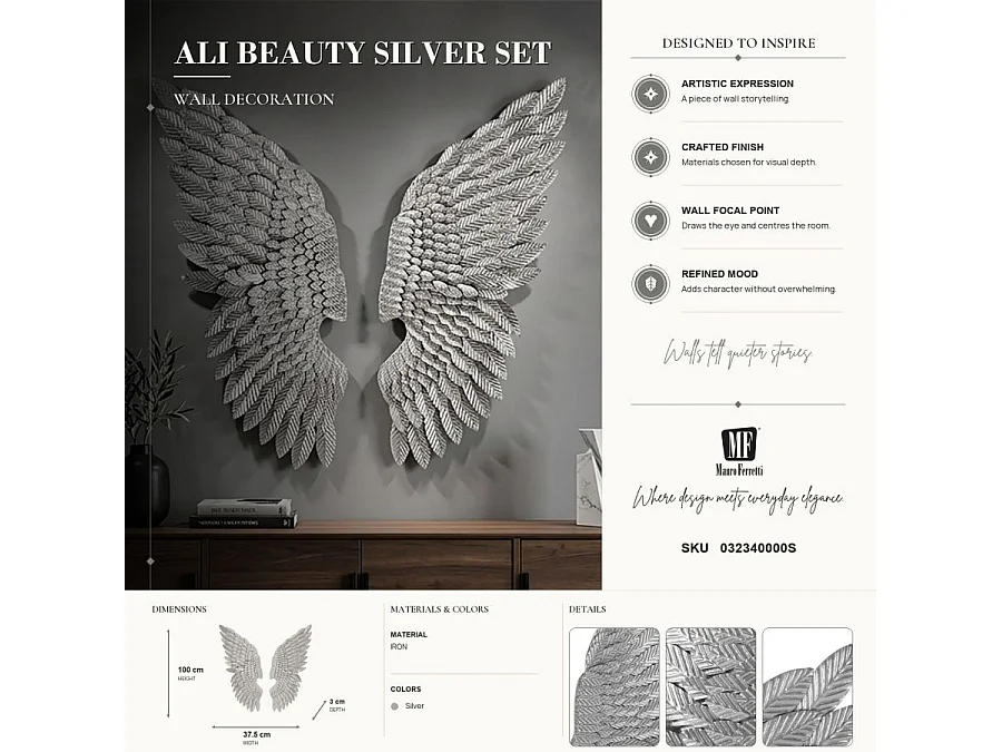 Lot de 2 Décorations Murales en Métal "Beauty" 100cm Argent