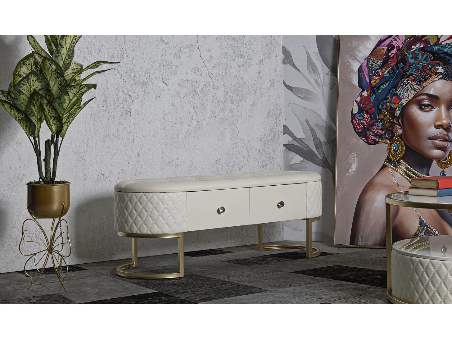 Banc Avec 2 Tiroirs "Sharon" 120cm Blanc & Or
