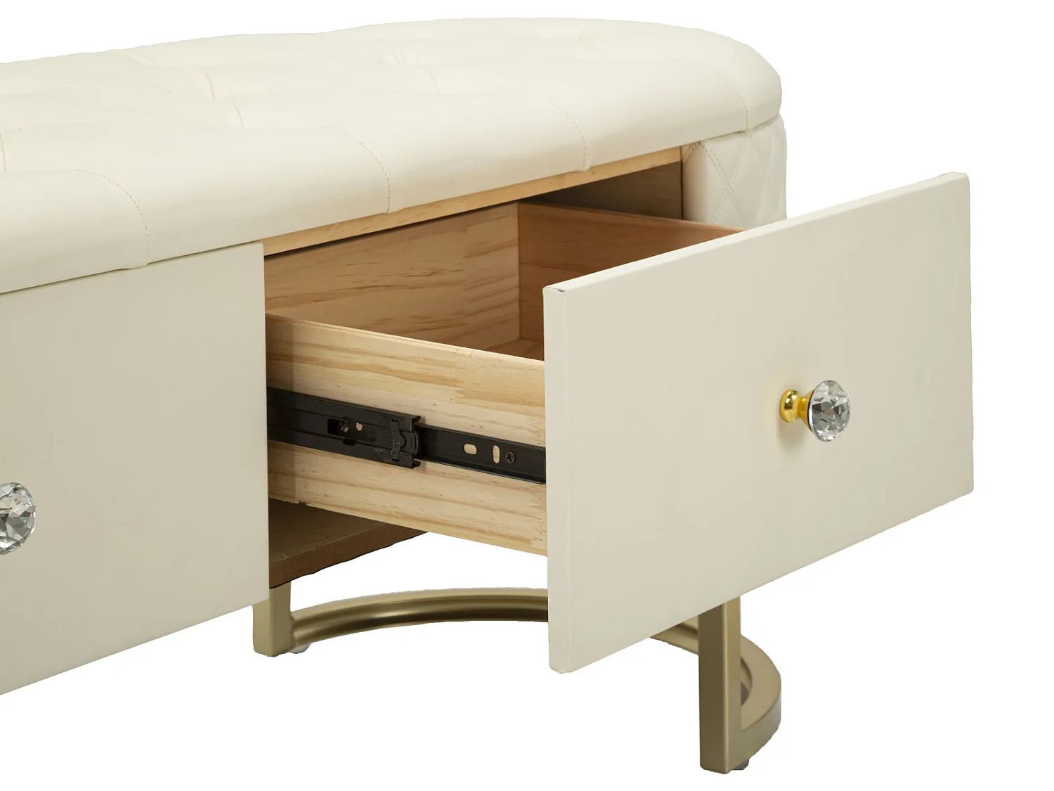 Sitzbank aus Metall und Kunstleder cremefarben mit Schubladen 120x40x43 cm