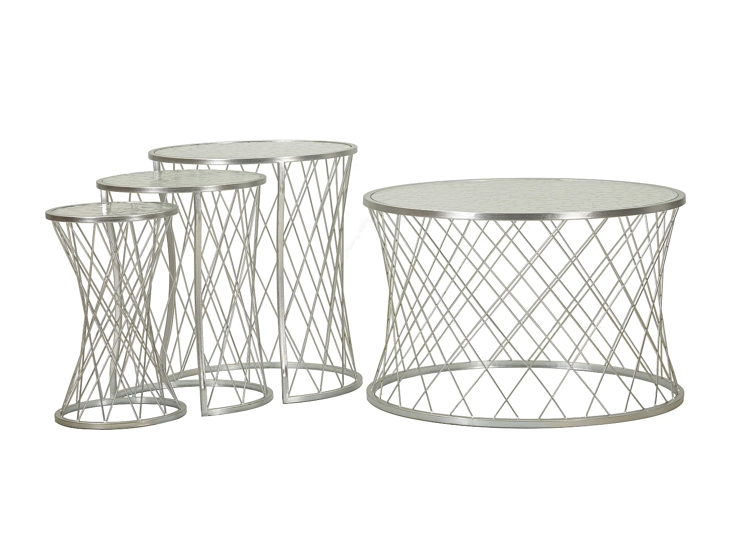 Tavolinetti in metallo argentato cm Ø 70x45-47x54,5-36x50-28x45