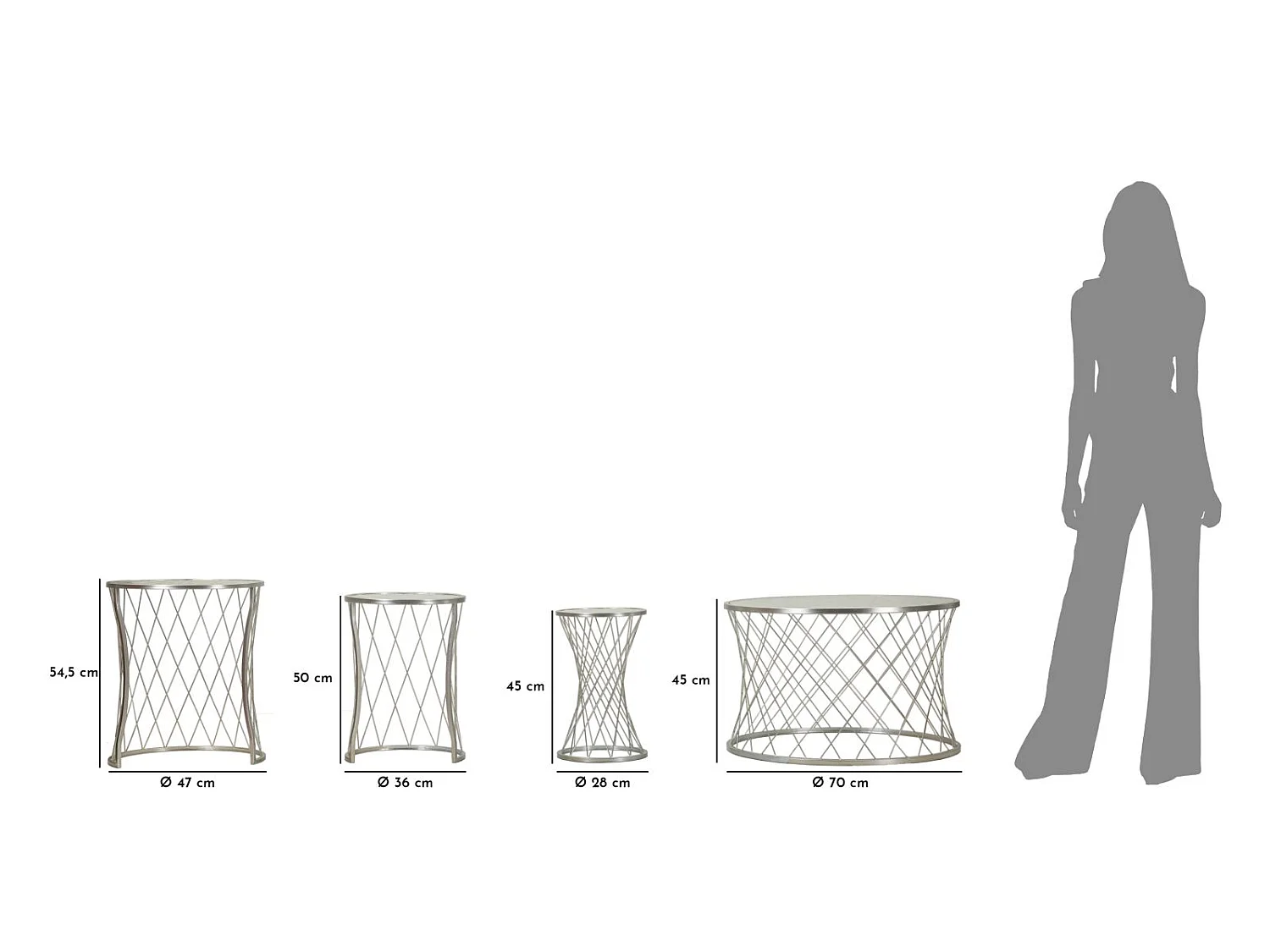 Beistelltische aus Metall silberfarben Ø 70x45-47x54,5-36x50-28x45 cm