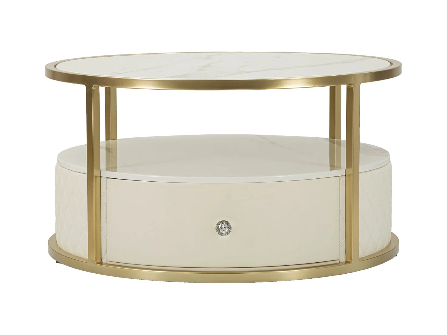 Table basse en métal et simili cuir crème Ø 75x40 cm