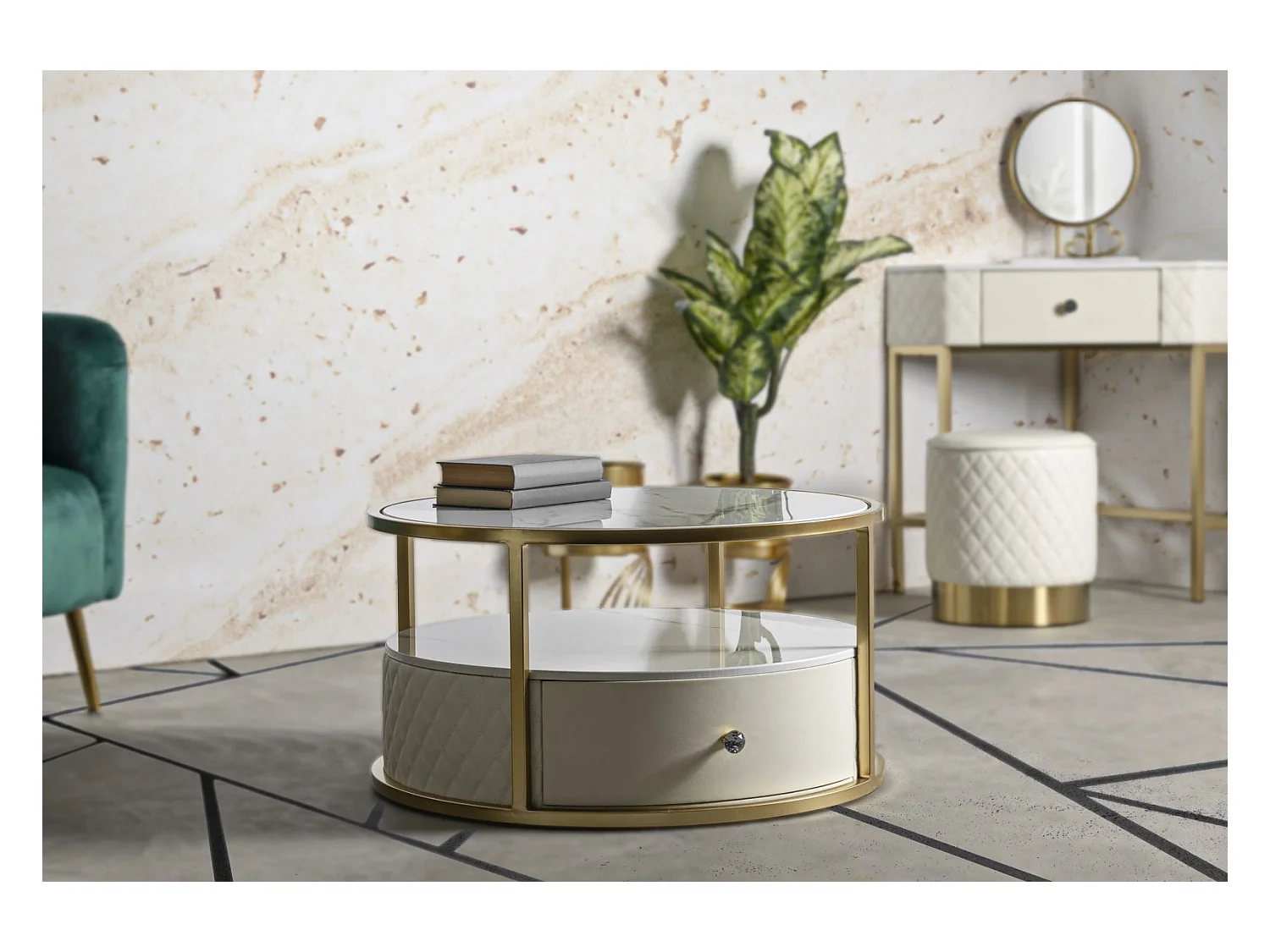 Table Basse Effet Marbre "Sharon" 75cm Blanc & Or