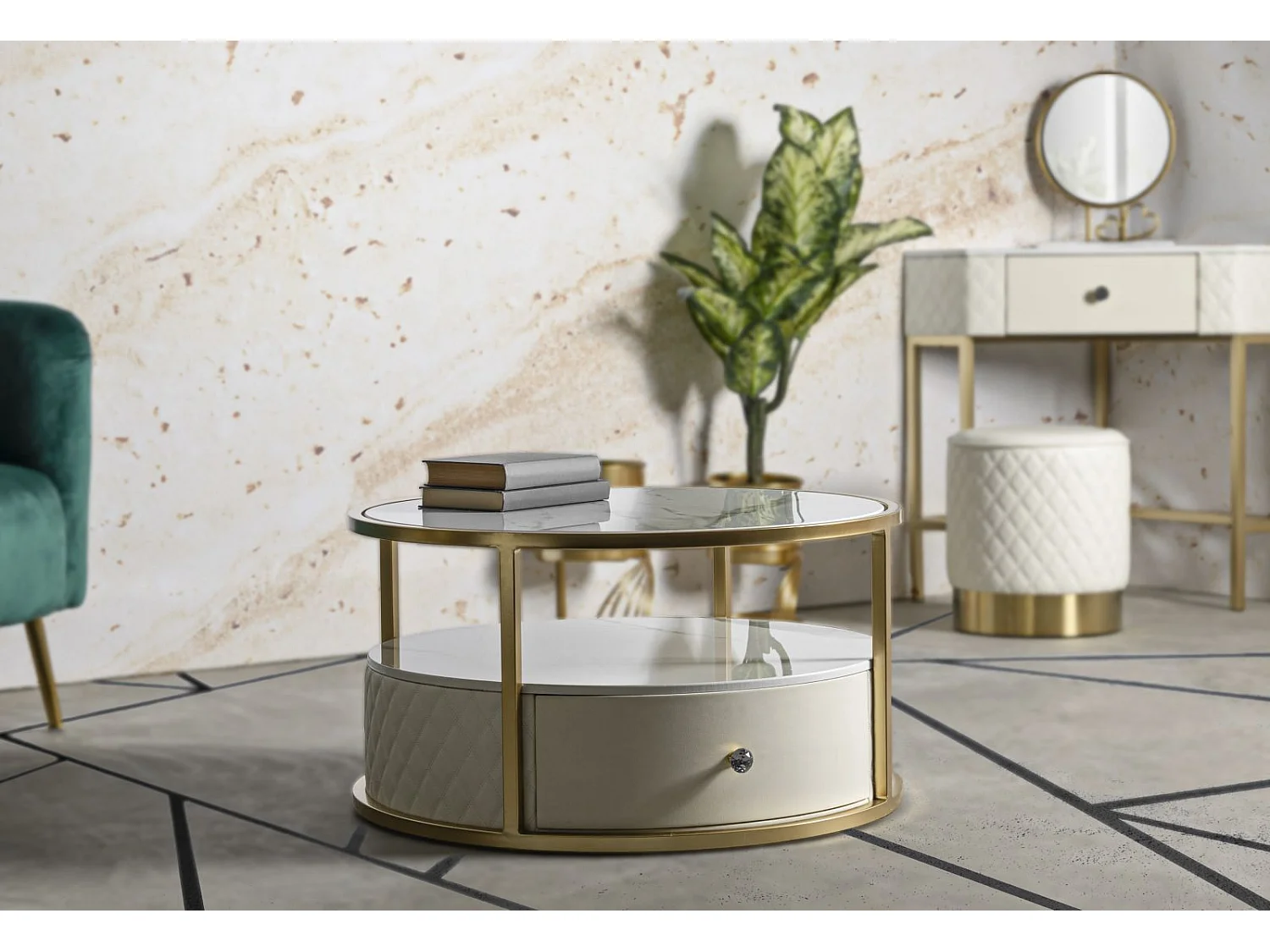 Table Basse Effet Marbre "Sharon" 75cm Blanc & Or