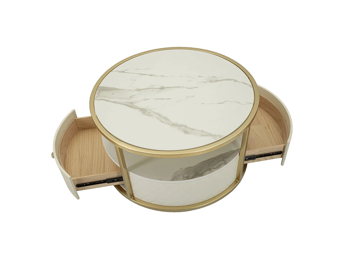 Table Basse Effet Marbre "Sharon" 75cm Blanc & Or