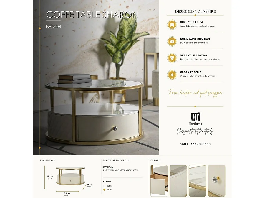 Table Basse Effet Marbre "Sharon" 75cm Blanc & Or