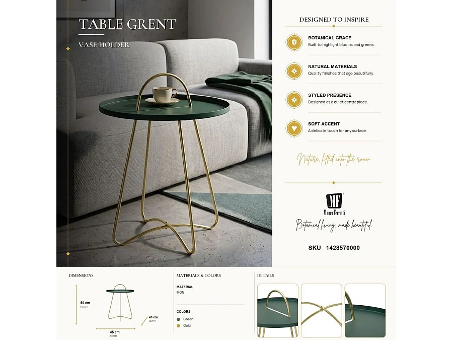 Table d'Appoint Design "Grent" 59cm Vert & Or