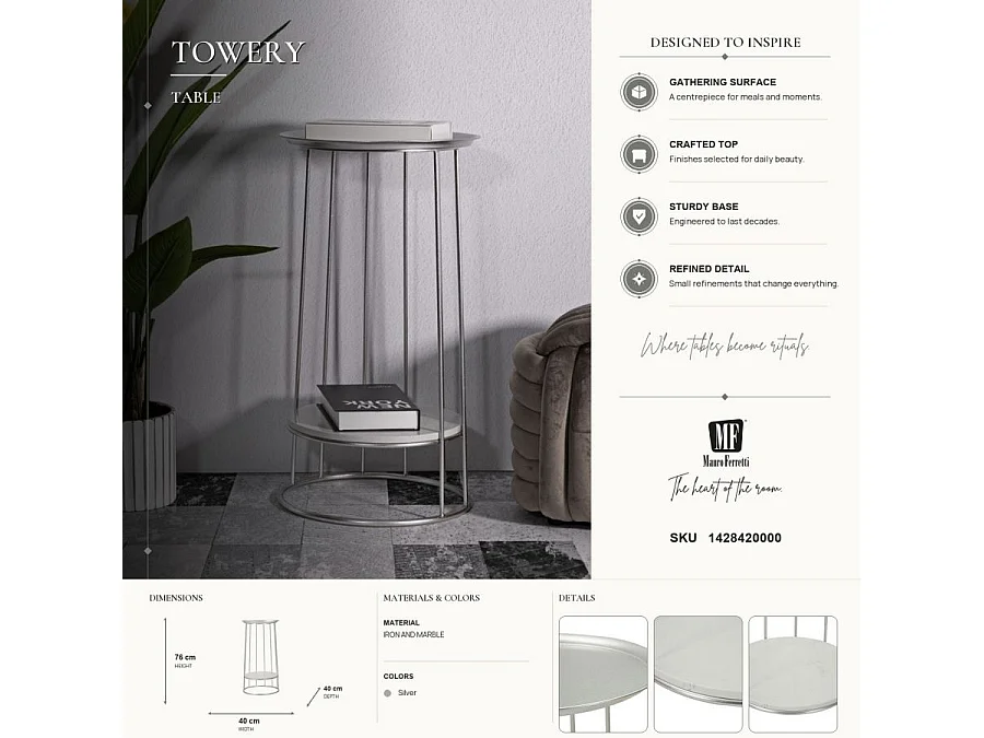 Table d'Appoint Avec Étagère en Marbre "Tower" 76cm Argent