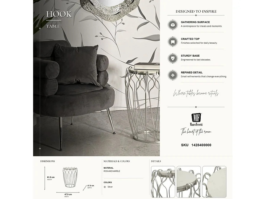 Table d'Appoint en Marbre "Hook" 61cm Argent