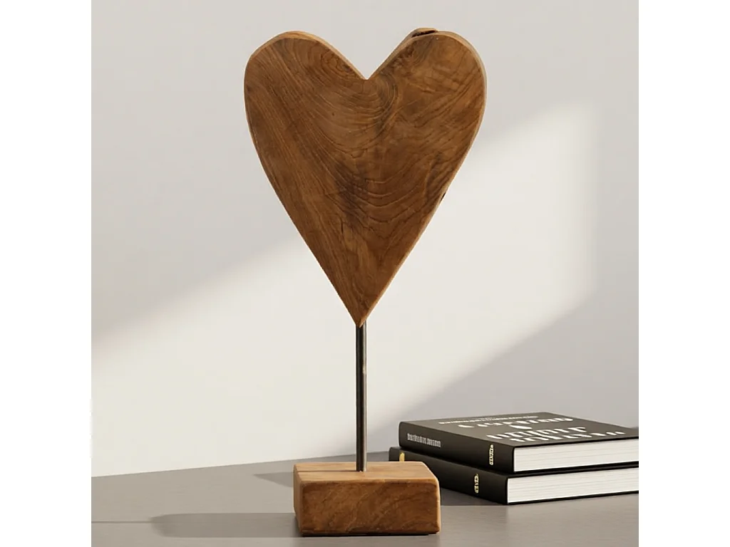 Rzeźba dekoracyjna Heart, kolor brązowy, drewno tekowe, 15 x 10 x 35 cm, LED, motyw: serce