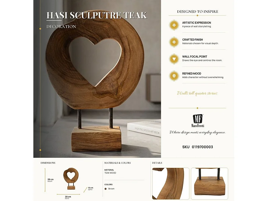 Objet Déco Cœur en Teck "Hasi" 28cm Naturel
