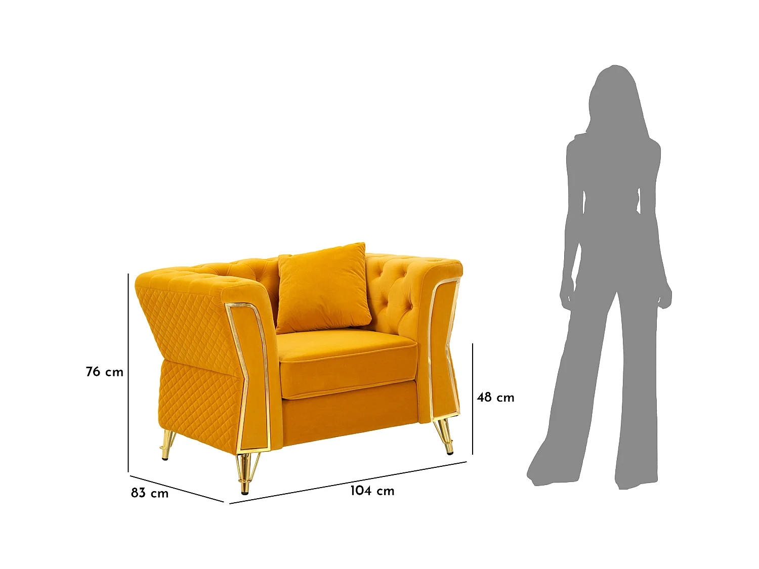 Poltrona in metallo e velluto senape con cuscino cm 104x83x76