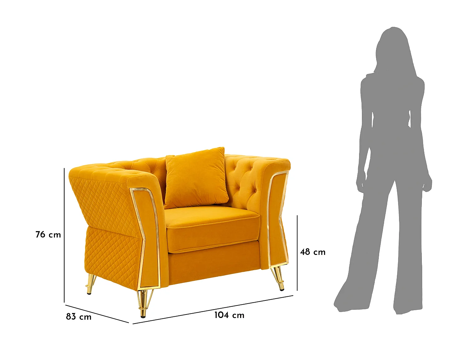 Poltrona in metallo e velluto senape con cuscino cm 104x83x76