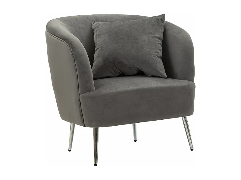 Poltrona in metallo argentato e velluto grigio con cuscino cm 73x66x78