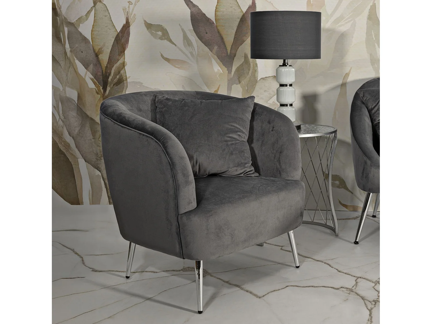 Poltrona in metallo argentato e velluto grigio con cuscino cm 73x66x78