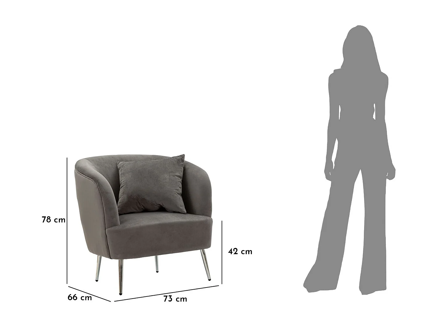 Poltrona in metallo argentato e velluto grigio con cuscino cm 73x66x78