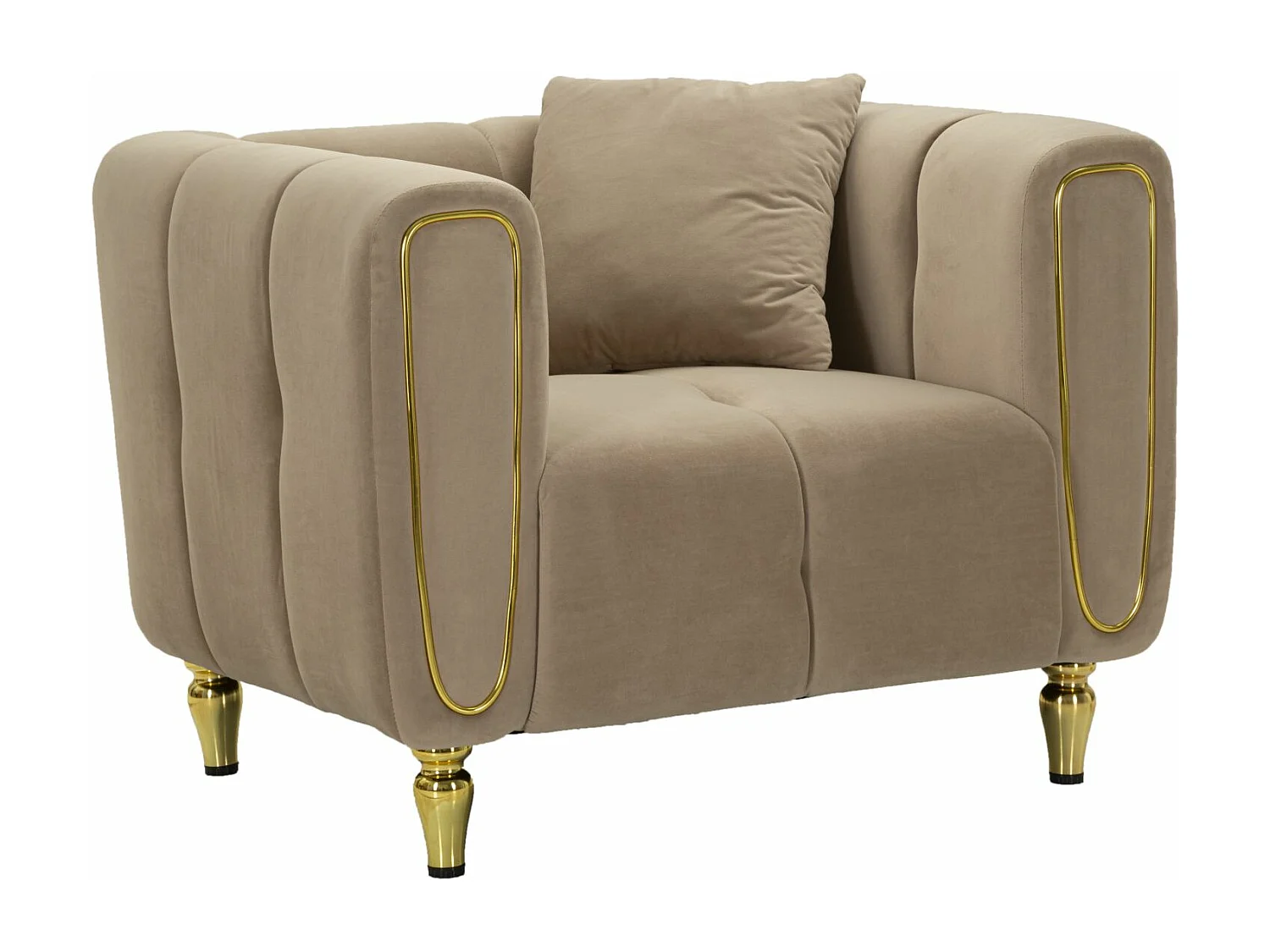 Poltrona in metallo dorato e velluto tortora con cuscino cm 97x81x72