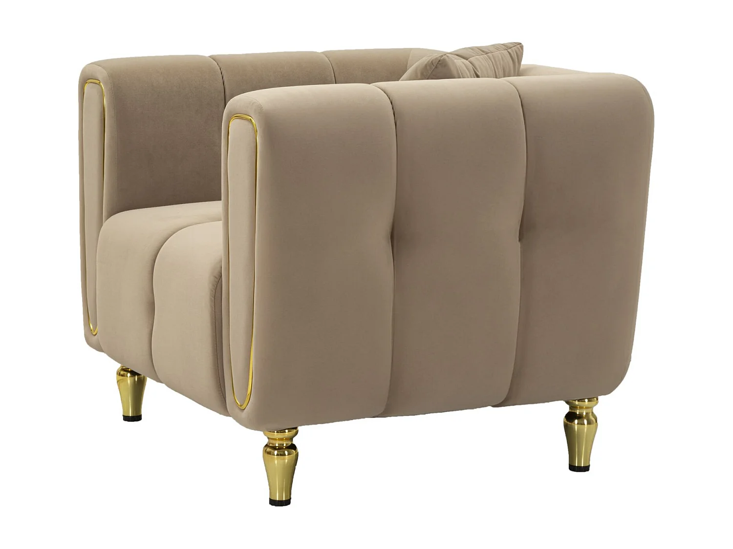 Poltrona in metallo dorato e velluto tortora con cuscino cm 97x81x72