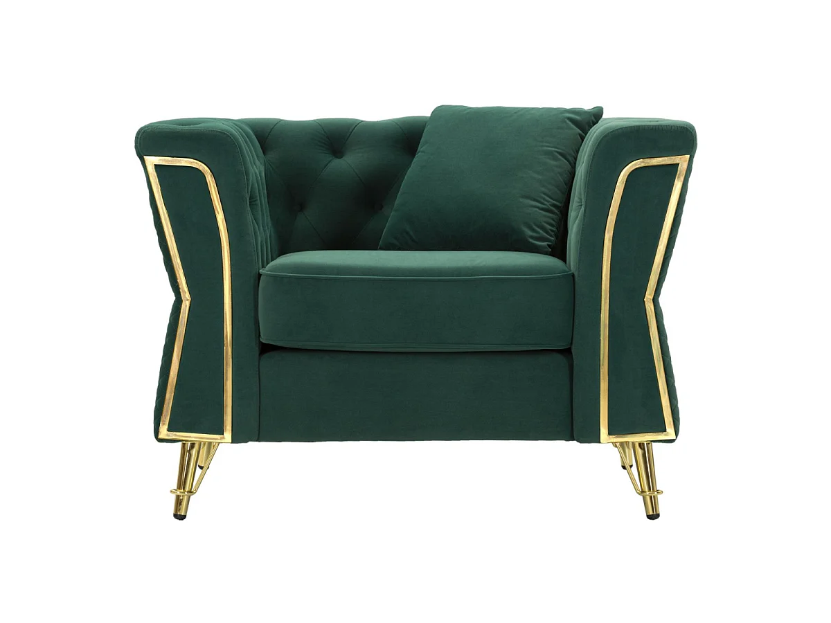 Groene fauteuil van metaal en fluweel met kussen, 104x83x77 cm
