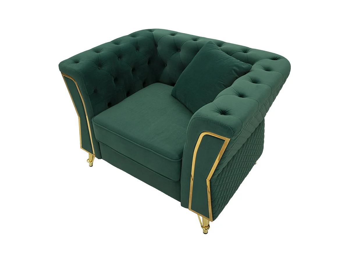 Groene fauteuil van metaal en fluweel met kussen, 104x83x77 cm