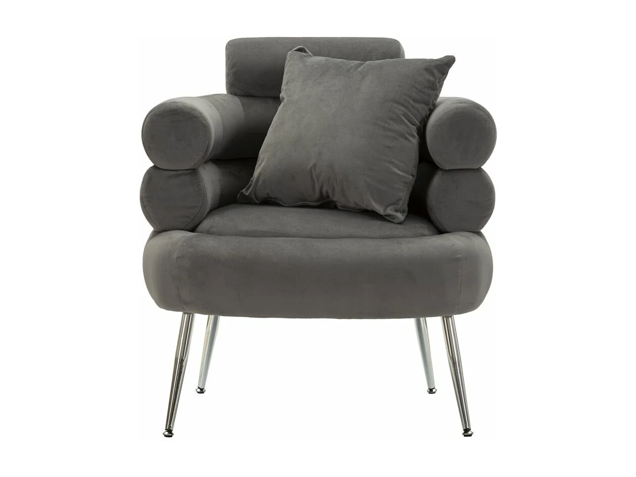Poltrona in metallo argentato e velluto grigio con cuscino cm 78x68x85