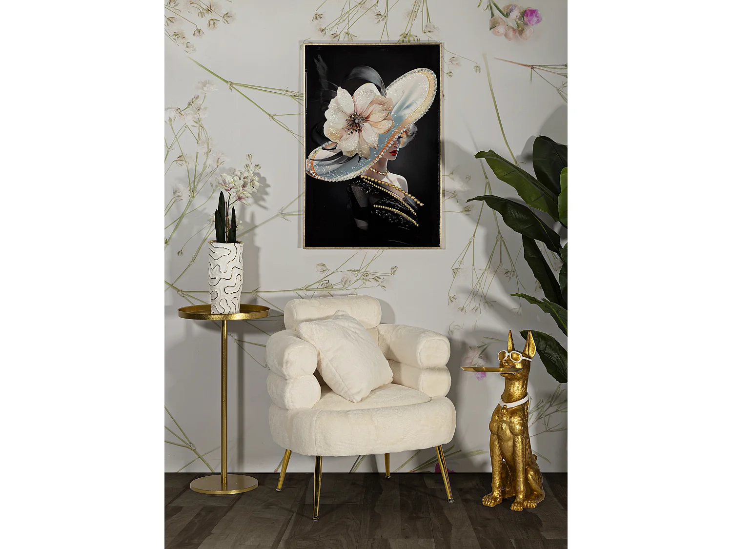 Poltrona in metallo dorato e tessuto bianco con cuscino cm 78x68x85